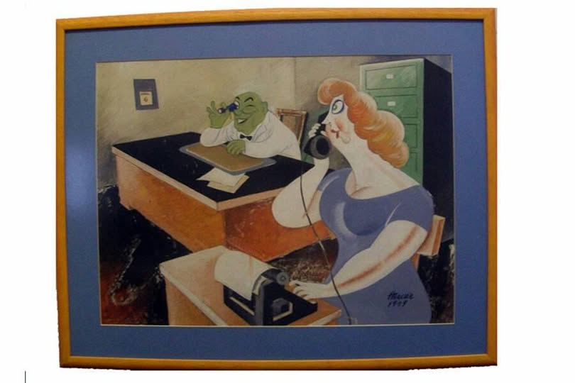 El jefe está muy ocupado; tempera/cartón. Ganó el primer premio en Salón de Humorismo, 1949.