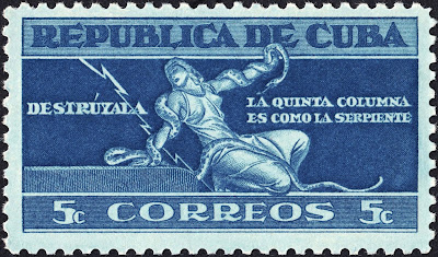 Serie de sellos sobre a Quinta columna, expresión que nació en Guerra Civil española y que alcanzó enseguida vida cosmopolita como símbolo de la traición interior (1943). 