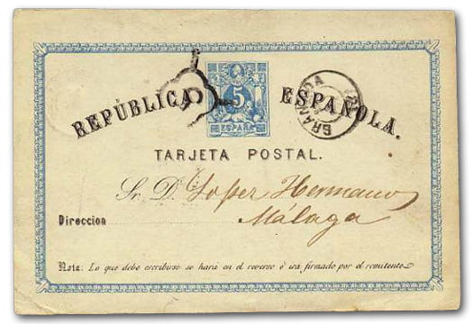 Anverso del entero postal impreso en España en 1873